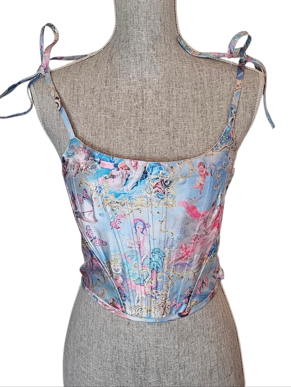 Dolls Kill Sugar Thrillz Top Size S Corset Crop Cherub Print Fairy Renaissance